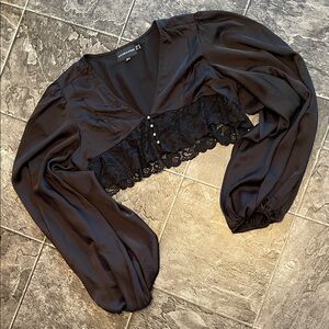 JAGGER & STONE Y2K Crop Black Lace Satiny Romantic Blouse Fairy Lantern Sleeve